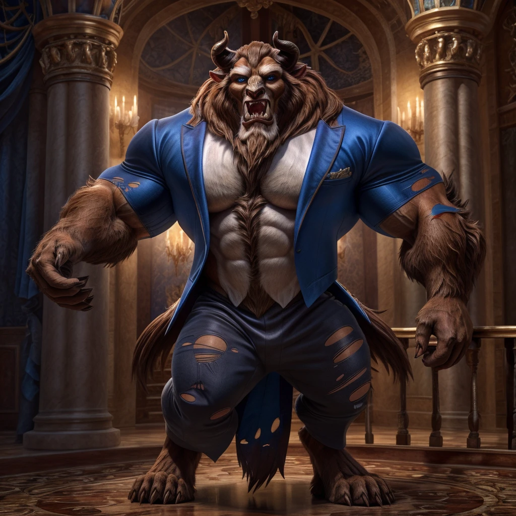 A photorealistic image of the Beast from the movie Beauty and the Beast, super muscular giant, with muscular arms, broad shoulders, giant and toned physique, bursting muscular veins, blue eyes, tail, super furry brown fur, horns facing backwards, roaring, barefoot, wearing a torn blue tuxedo, wear a tuxedo, in a ballroom, seen from the front