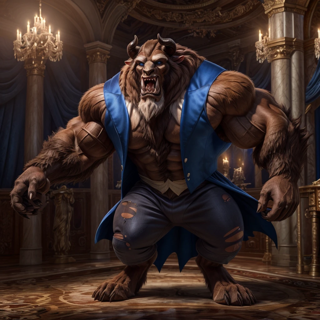 A photorealistic image of the Beast from the movie Beauty and the Beast, super muscular giant, with muscular arms, broad shoulders, giant and toned physique, bursting muscular veins, blue eyes, tail, super furry brown fur, horns facing backwards, roaring, barefoot, wearing a torn blue tuxedo, wear a tuxedo, in a ballroom, seen from the front