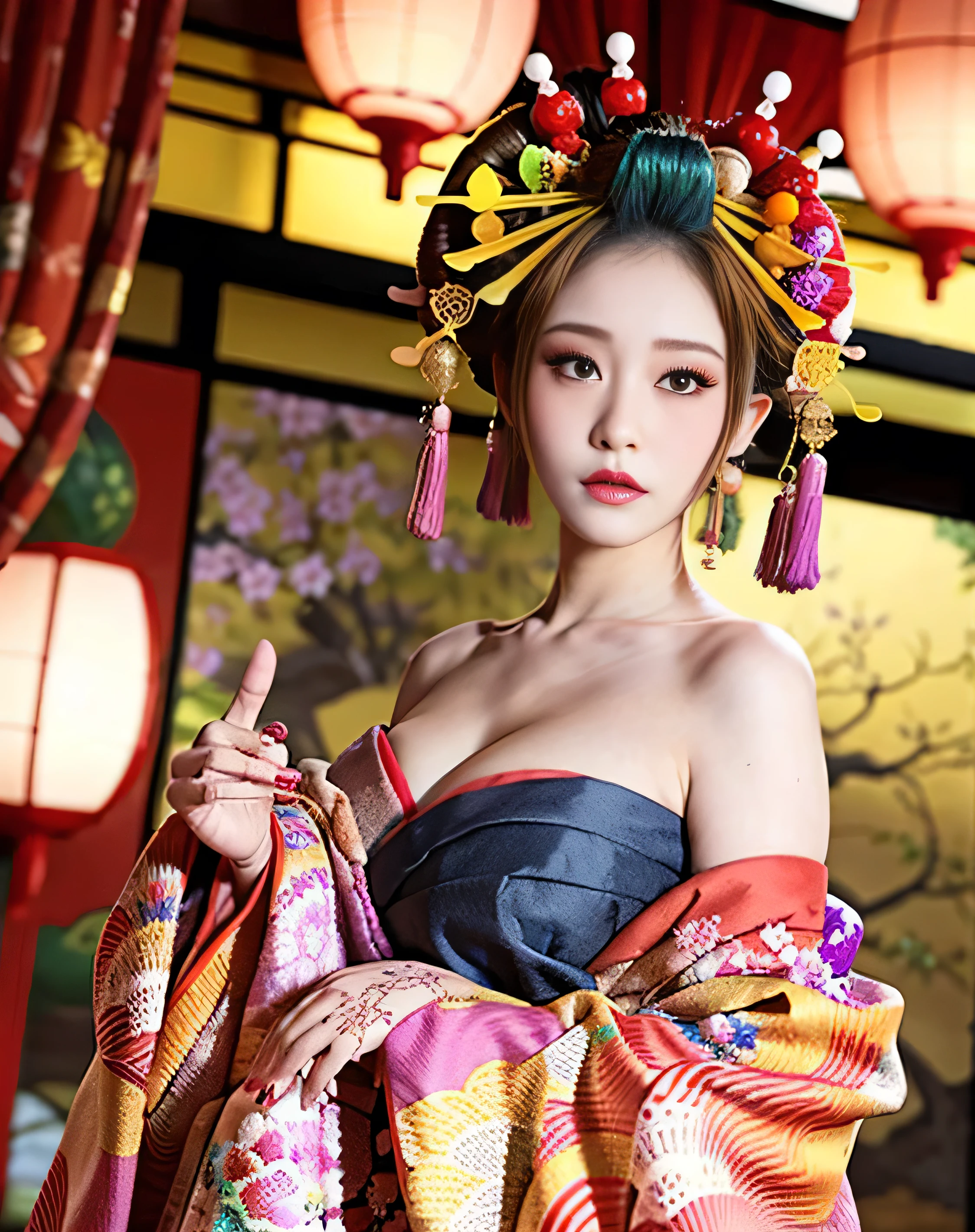 4K, 걸작, 높은 해상도, 혼란스러운,자연스러운 체적 조명 및 최고의 그림자, 笑얼굴,deep i는 세상의 깊은 곳에 쓰여 있다,soft delicate beautiful attractive 얼굴, 아름다운 가장자리 매춘부_여성, a 여성 in a kimono posing for a picture ,완벽한 엣지를 지닌 오이란_얼굴,완벽한 엣지를 지닌 오이란_몸,에지오이란_보상하다,에지오이란_헤어스타일、NSFW、초과 중량, 극도로 뚱뚱한, ((통통한))、、마법