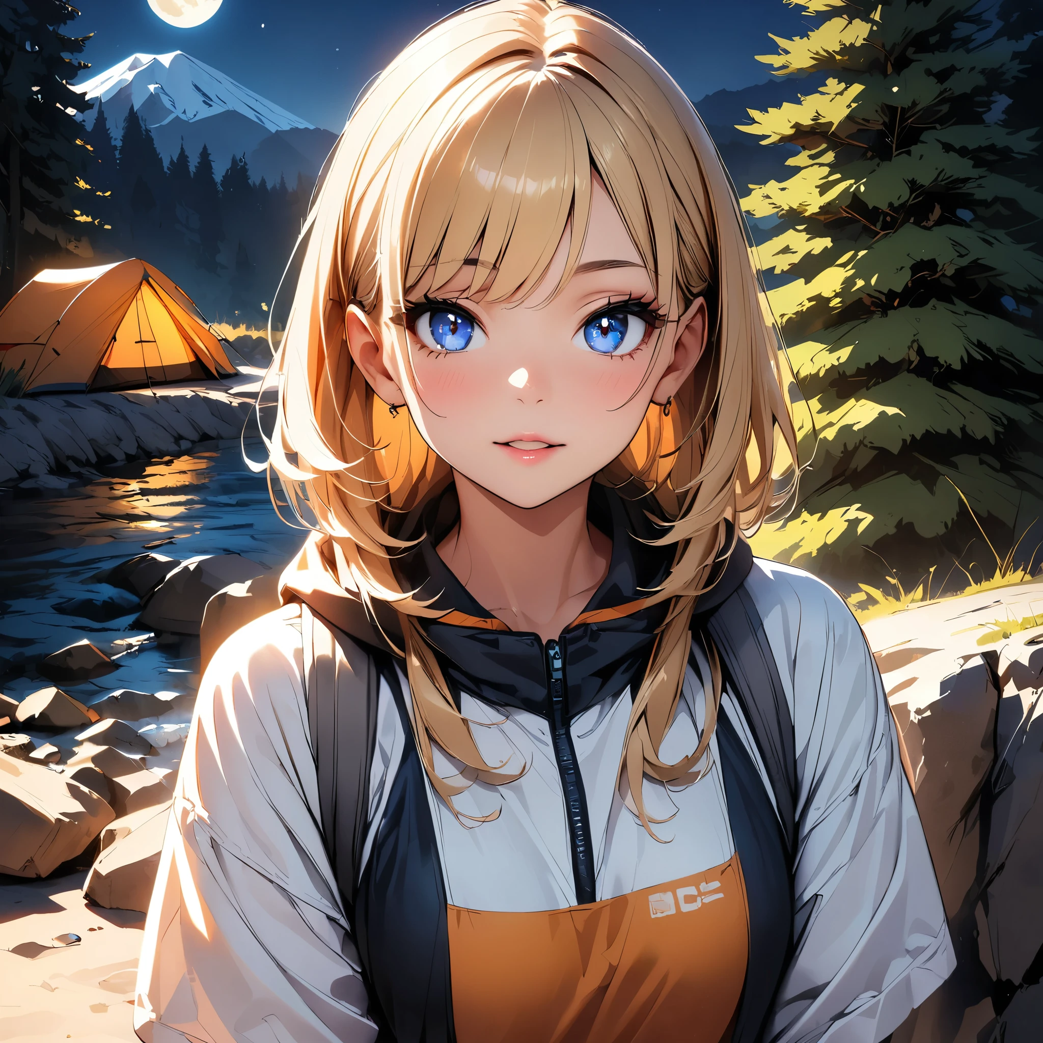 (highest quality:1.2, Very detailed, High Detail, High Contrast, masterpiece:1.2, highest quality, Best aesthetics), 1 Female, Detailed outdoor camping scene, Beautiful detailed eyes, Beautiful detailed lips, Very detailedな顔, Long eyelashes, Camping gear, Camping Tents, Night Sky, full moon, Star Moon, Star Moon, Mountain in the background々, pine tree, Stream with rocks.