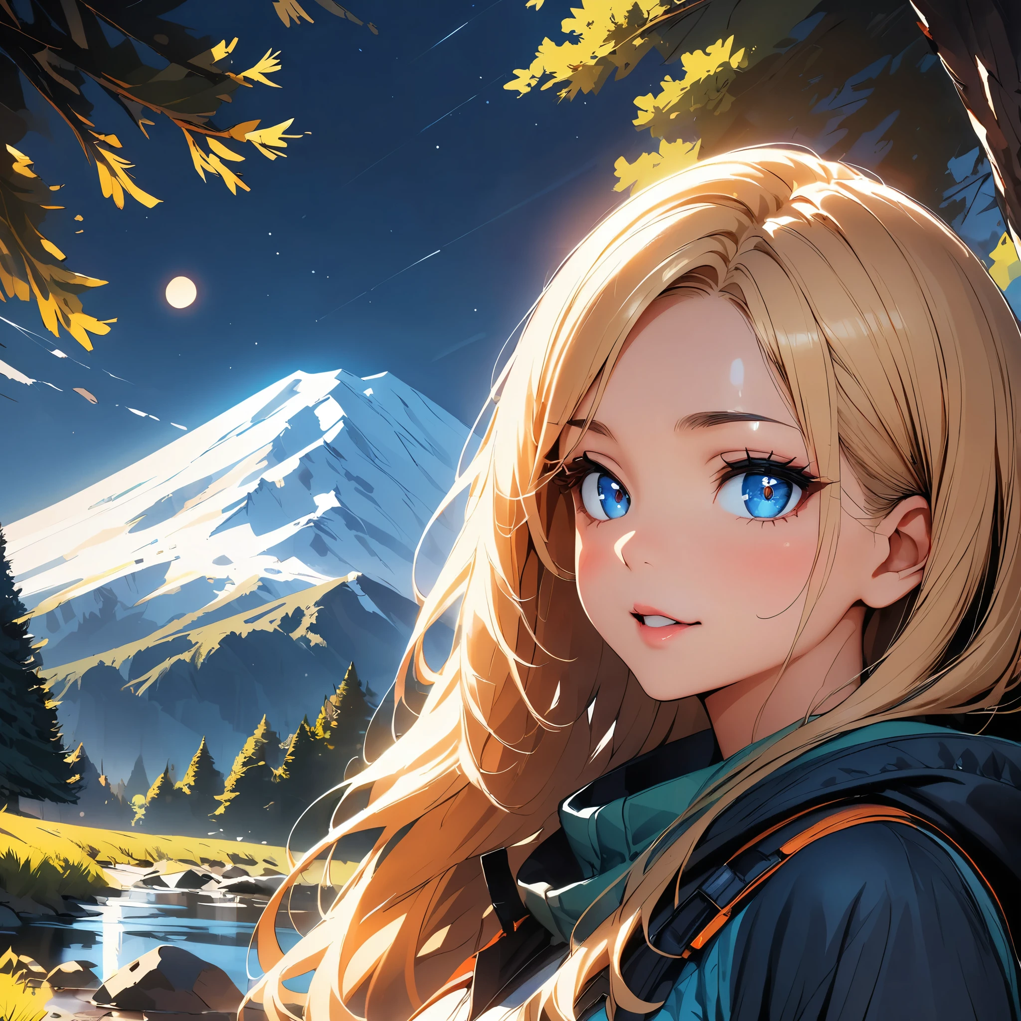 (highest quality:1.2, Very detailed, High Detail, High Contrast, masterpiece:1.2, highest quality, Best aesthetics), 1 Female, Detailed outdoor camping scene, Beautiful detailed eyes, Beautiful detailed lips, Very detailedな顔, Long eyelashes, Camping gear, Camping Tents, Night Sky, full moon, Star Moon, Star Moon, Mountain in the background々, pine tree, Stream with rocks.