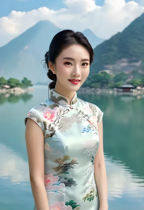 1girl, beautiful chinese woman, light-colored qipao, elegant and graceful, embodying the beauty of the oriental woman, sweet smi...