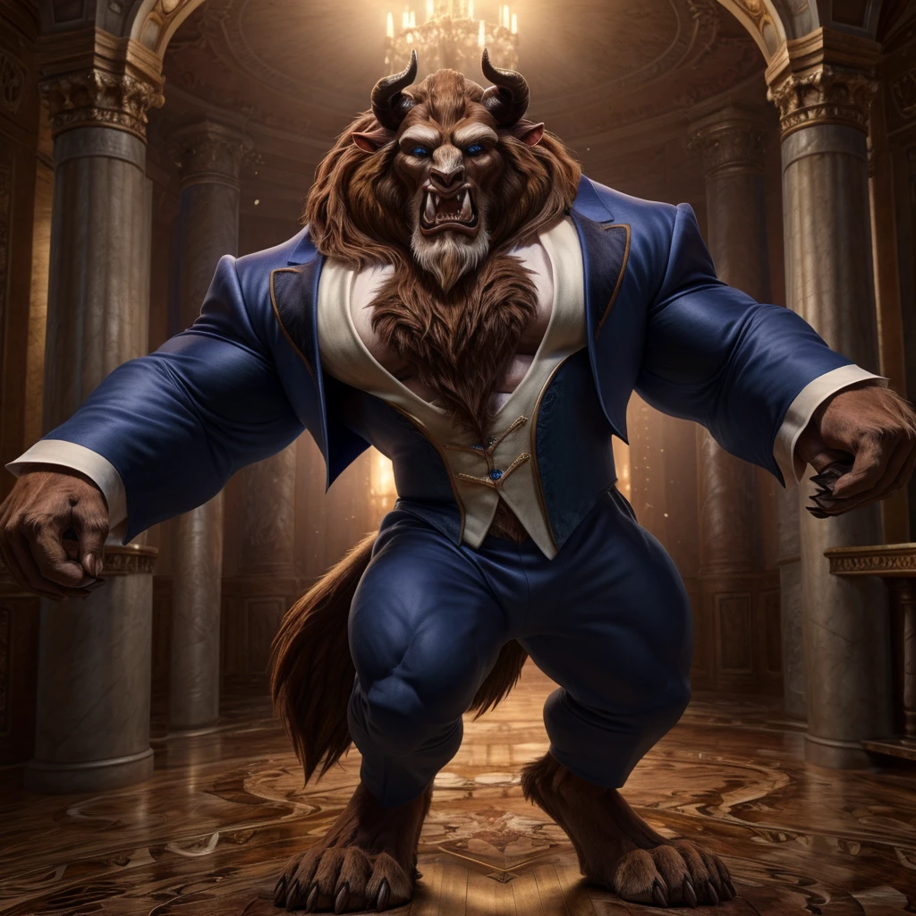 A photorealistic image of the Beast from the movie Beauty and the Beast, super muscular giant, with muscular arms, broad shoulders, giant and toned physique, bursting muscular veins, blue eyes, tail, super furry brown fur, horns facing backwards, roaring, barefoot, wearing a white tuxedo, wearing a tuxedo, in a ballroom, seen from the front