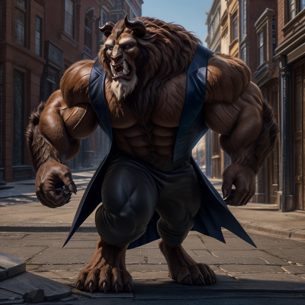 A photorealistic image of the Beast from the movie Beauty and the Beast, super muscular giant, with muscular arms, broad shoulders, giant and toned physique, bursting muscular veins, blue eyes, tail, super furry brown fur, horns facing backwards, roaring, barefoot, wearing a black tuxedo, wearing a tuxedo, on a street, seen from the front