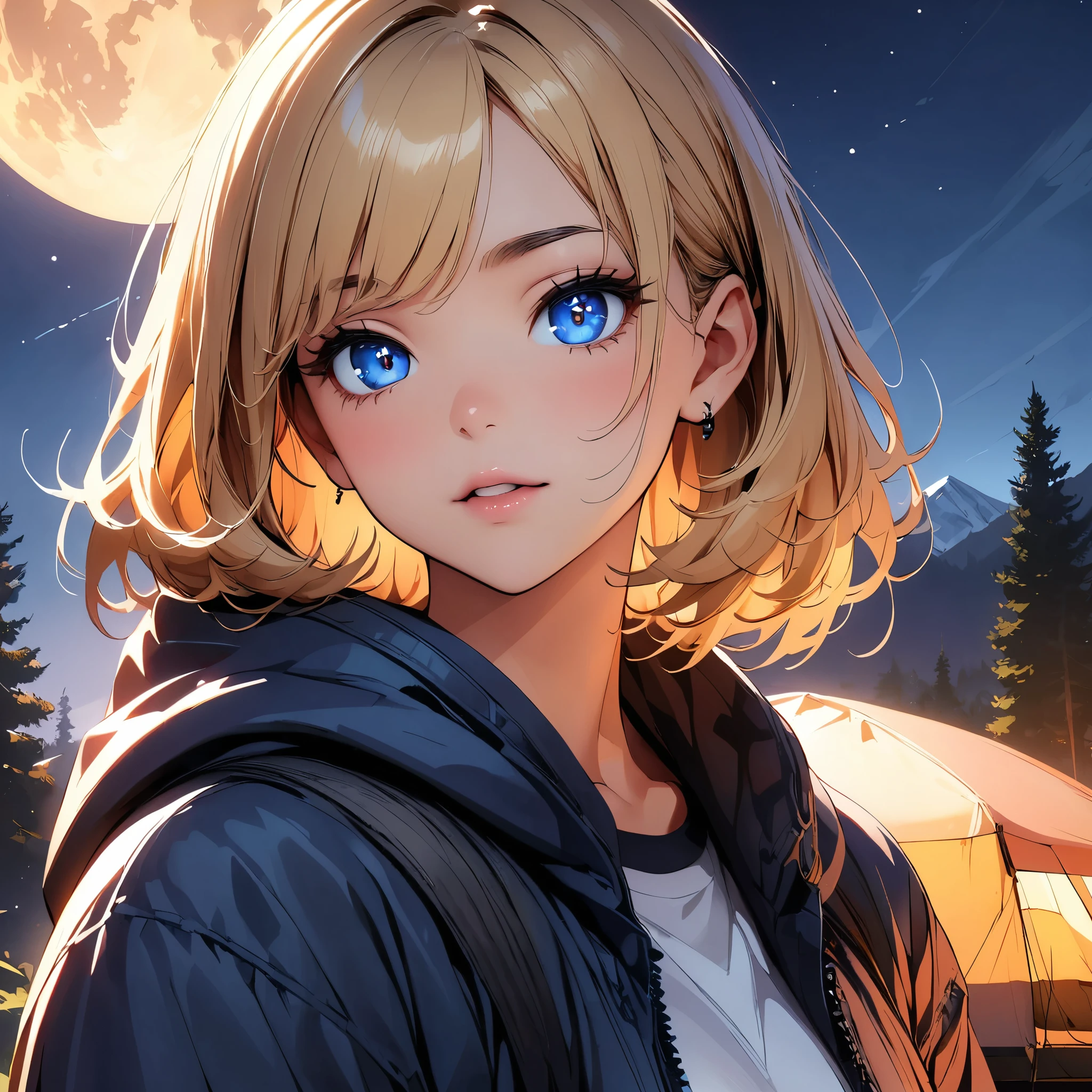 (highest quality:1.2, Very detailed, High Detail, High Contrast, masterpiece:1.2, highest quality, Best aesthetics), 1 Female, Detailed outdoor camping scene, Beautiful detailed eyes, Beautiful detailed lips, Very detailedな顔, Long eyelashes, Camping gear, Camping Tents, Night Sky, full moon, Star Moon, Star Moon, Mountain in the background々, pine tree, Stream with rocks.