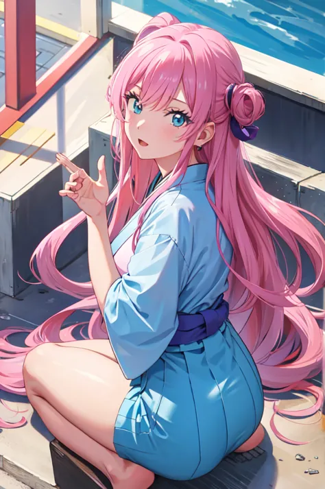 akari watanabe, long hair, solo, PERFECT ANATOMY,  pink hair, blue eyes, looking at viewer, round ass, thicc thighs, 1girl, sitt...