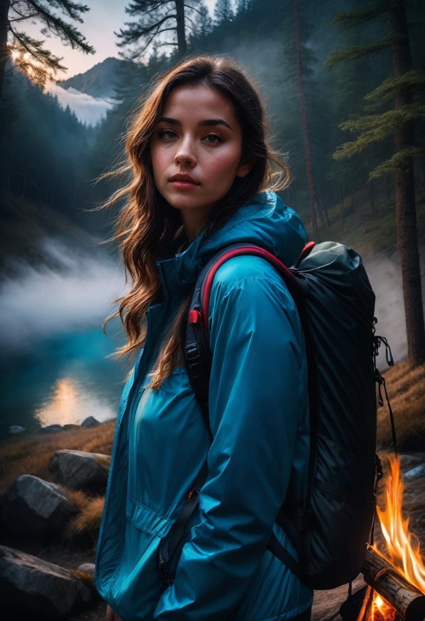 A beautiful girl in the mountains, outdoor camping, detailed face, high quality, realistic, photorealistic, 8k, ultra-detailed, vibrant colors, dramatic lighting, golden hour, dramatic shadows, fog, mist, campfire, outdoor gear, hiking backpack, sleeping bag, tent, forest, pine trees, rocky cliffs, river, reflection, cinematic composition