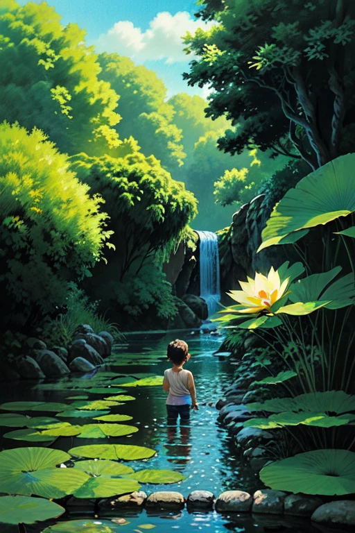 A little boy，Wash your feet by the river，Put your feet in the water，Clear watesh swimming in the water，Lots of fish，Lotus Leaf，Lotus flowers blooming in the distance