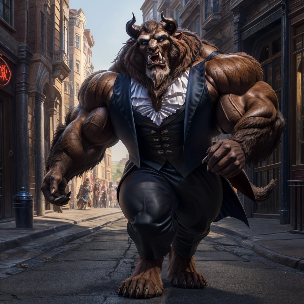 A photorealistic image of the Beast from the movie Beauty and the Beast, super muscular giant, with muscular arms, broad shoulders, giant and toned physique, bursting muscular veins, blue eyes, tail, super furry brown fur, horns facing backwards, roaring, barefoot, wearing a black tuxedo, wearing a tuxedo, on a street, seen from the front