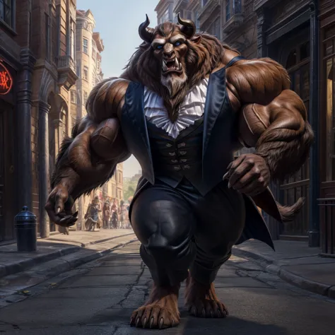 a photorealistic image of the beast from the movie beauty and the beast, super muscular giant, with muscular arms, broad shoulde...