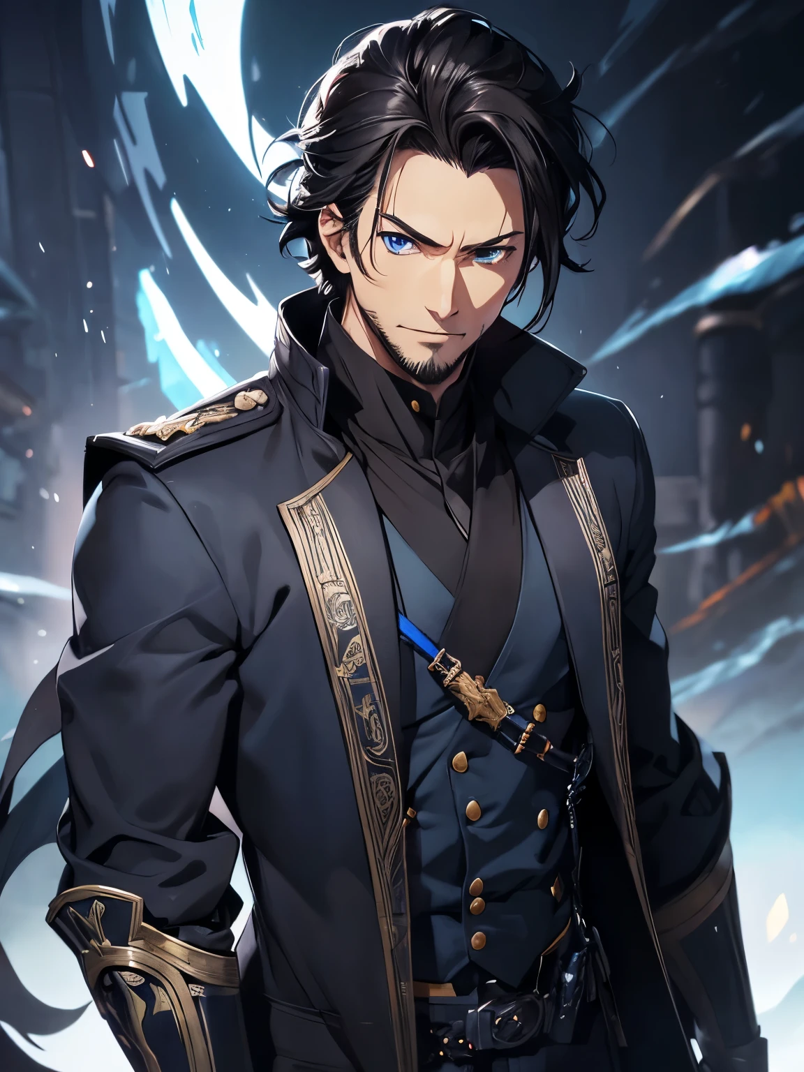 ((dark hair)), ((black hair)), (sideburns), stubble beard, 5 o'clock shadow, dark black hair, a close up of a person wearing a silver armor and a light shirt, handsome guy in fire emblem art, fire emblem artstyle, taisho roman, masamune shiro, casimir art, furio tedesschi, official character art, hijikata toushirou, official art, inspired by Okumura Masanobu, handsome duke, fukaya yuichiro, duke, wyvern, charismatic, sharp eyes, smiling, deceptive, soft chin, young adult, a bit buff, governor, politician, steampunk, snow, alaska, blizzard, desaturated, painted style, ((blue eyes)), (dark blue eyes, cobalt colored eyes)