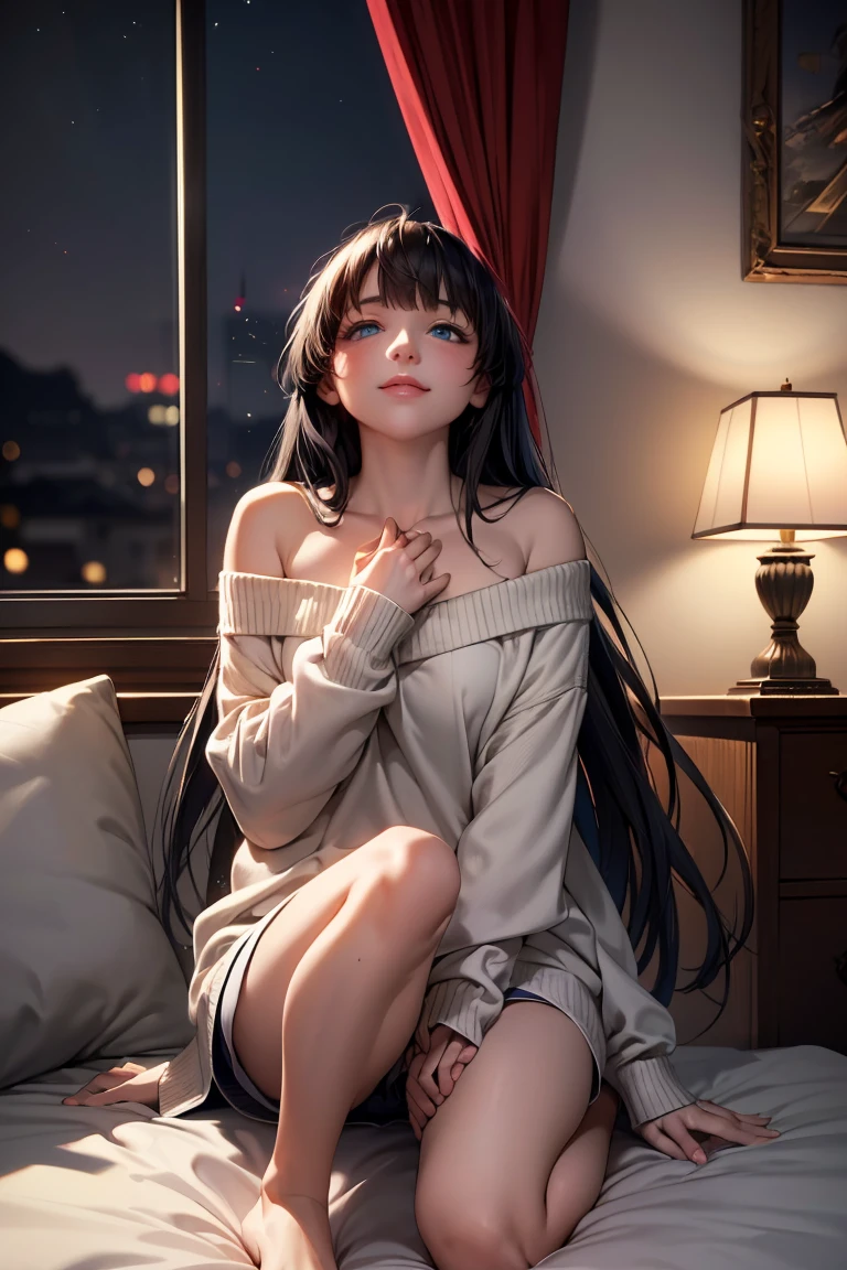 masterpiece, highest quality, High resolution, Super detailed, smile, Woman with long black hair and bangs, Bright Blue Eyes,Front view, ((Off-the-shoulder sweater)),((Light Red Sweater)),barefoot,(Hands touching chest),night, Warm indoors, Image illuminated by a small lamp, Depth of written boundary,headback, ((Beautiful girl looking at the camera))