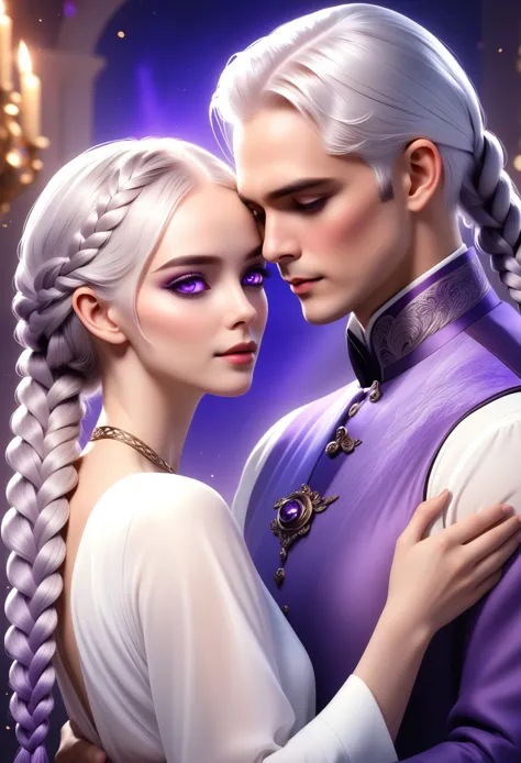 A beautiful, elegant woman with purple eyes, white hair in long twin braids, embracing a charming man in a sophisticated, romant...
