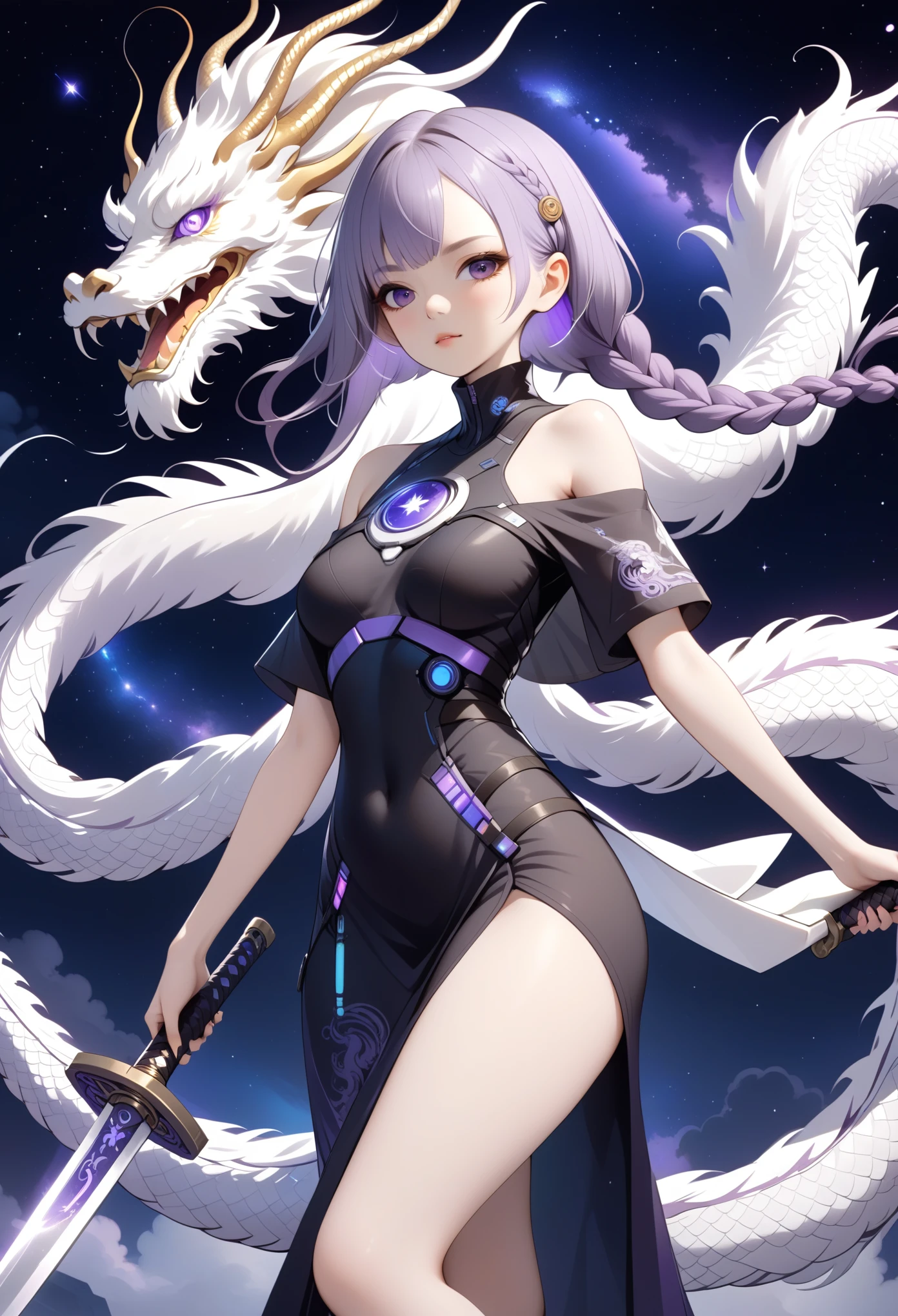 A cyberpunk Chinese mythological girl with white-purple braided hair, wearing a high-collar off-shoulder short-sleeved dress with a high slit, holding a long sword, sensual, Chinese dragon, fluffy clouds, starry sky