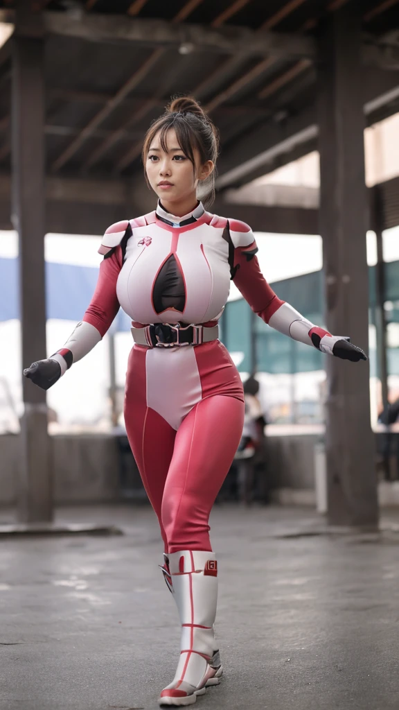 (highest quality、8K、32k、masterpiece、UHD:1.2、perfect body beauty:1.5、Wearing a shiny pale pink and white hero protector:1.8、Cute 25 year old Japan woman、big and full breasts:1.5、ponytail、Upper body、front、dynamic pose:1.5、NSWF:1.5