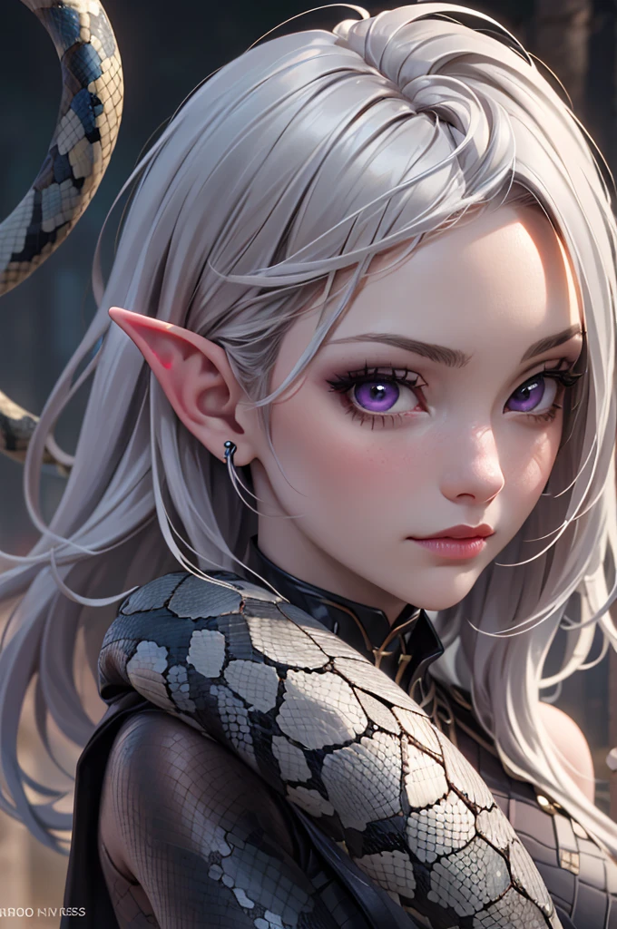 beautiful detailed eyes, beautiful detailed lips, extremely detailed eyes and face, long eyelashes, 1 girl, drow elf, midnight black skin, solid violet eyes, silver hair, confident, vicious, wearing only scant body jewelry in the style of a spider web, snake whip, unclad, fearless, best quality, 4k, 8k, highres, masterpiece:1.2, ultra-detailed, realistic, photorealistic, photo-realistic:1.37, HDR, UHD, studio lighting, ultra-fine painting, sharp focus, physically-based rendering, extreme detail description, professional, vivid colors, bokeh, portrait