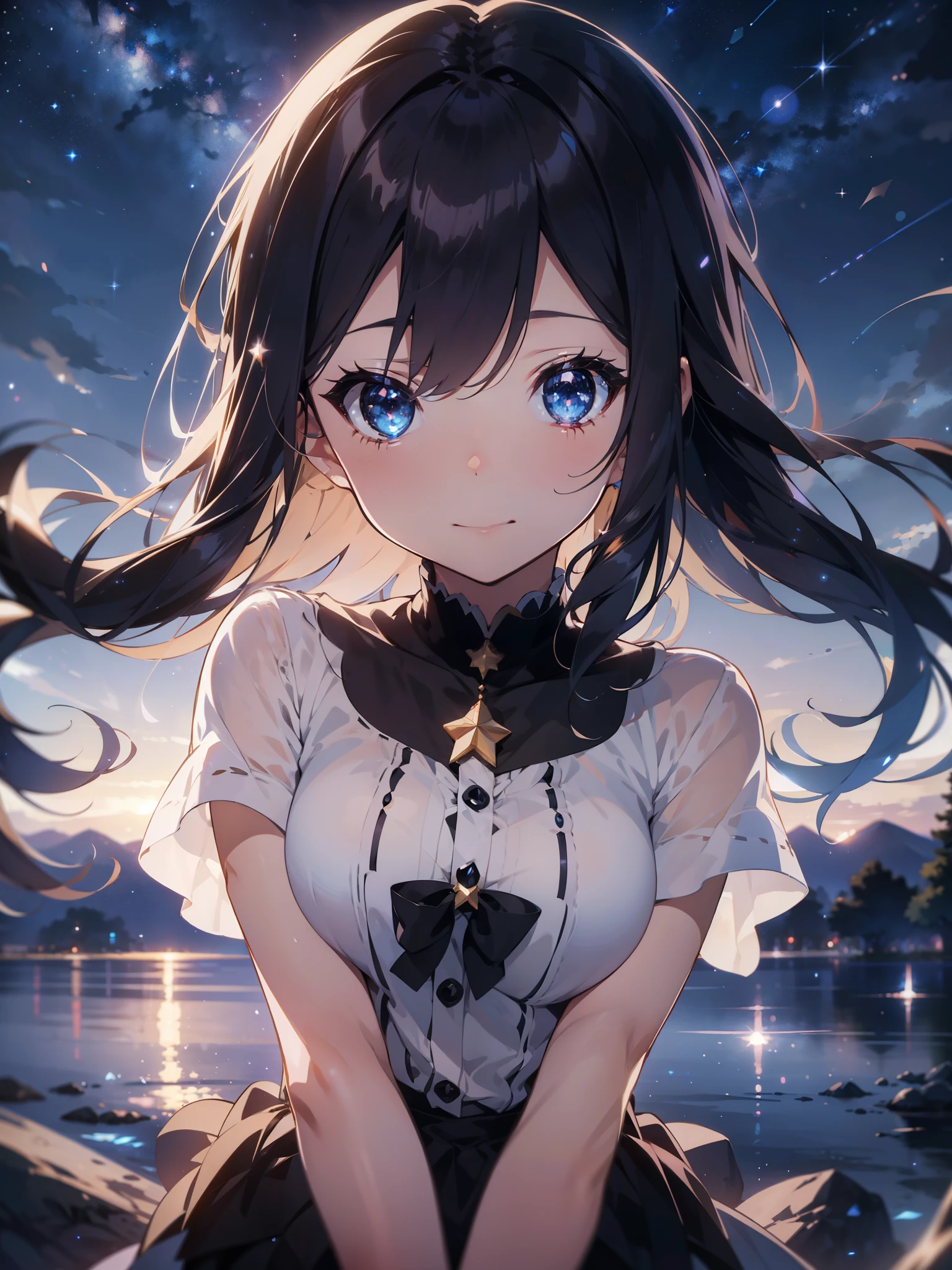 anime,depth of field, cinematic lighting, lens flare, f/1.2,(masterpiece:1.2),(high definition),Planetarium、Grateful girl、Impressed face、Sparkling eyes、Beautiful starry sky