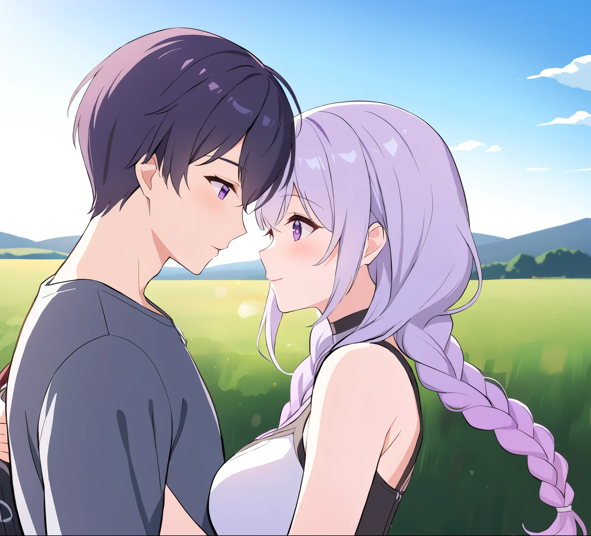 A couple(1 male, 1 woman with purple and white gradient double braids),Meet on a country road,Face to Face,Four eyes facing each other,Sunshine,The background is green fields and hills in the distance,Warmth,romantic,happiness