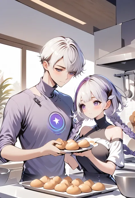 A romantic couple in a kitchen, 1 boy with short hair and 1 girl with white hair in purple braids, wearing a high-neck off-shoul...