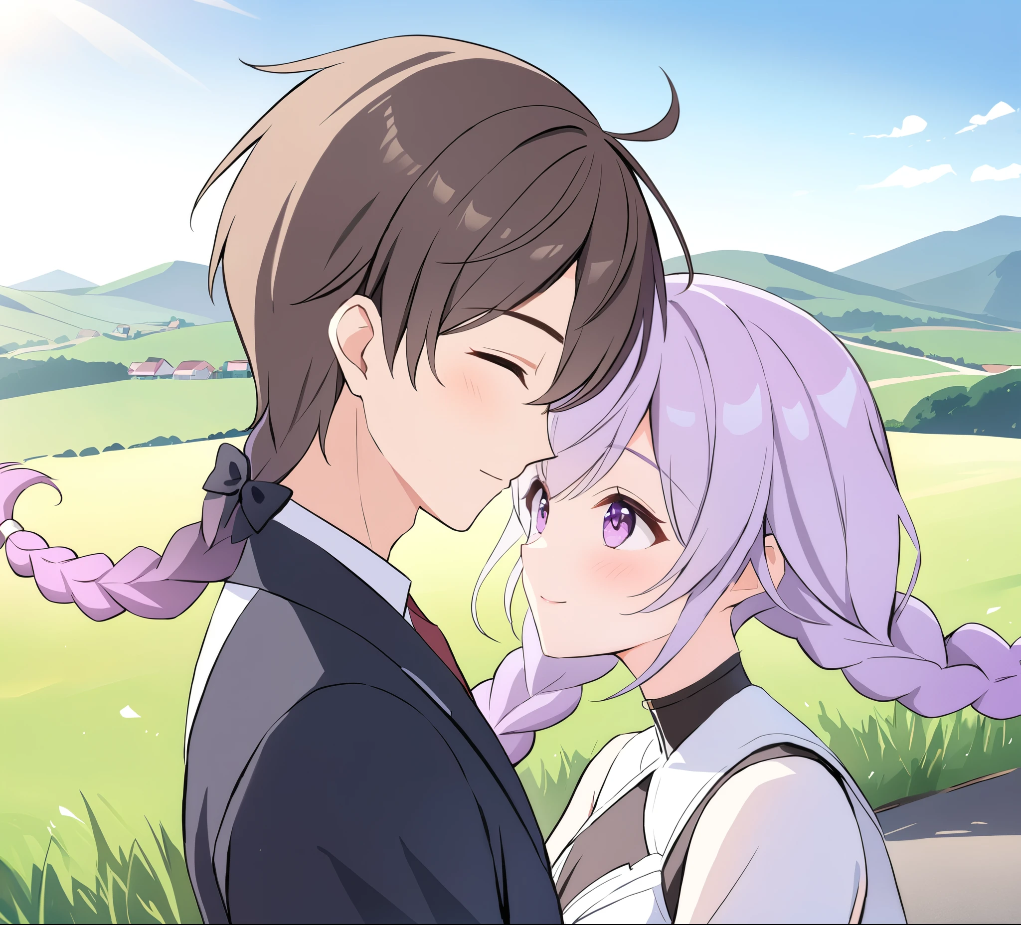 A couple(1 male, 1 woman with purple and white gradient double braids),Meet on a country road,Face to Face,Four eyes facing each other,Sunshine,The background is green fields and hills in the distance,Warmth,romantic,happiness