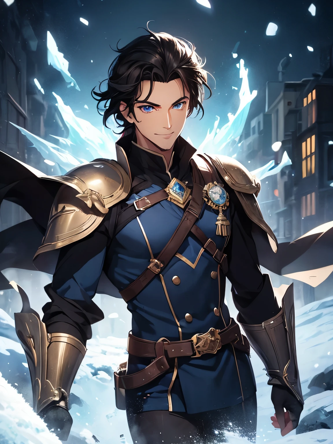 ((dark hair)), ((black hair)), (sideburns), young face, (welcoming eyes), smiling, friendly aura, dark black hair, wearing a silver armor and a light shirt, fire emblem, handsome guy in fire emblem art, fire emblem art style, official character art, playful, cunning, trusted, honorable, royal duke, handsome duke, ((duke)), wyvern, charismatic, (soft eyes), smiling face, soft chin, young adult, a bit buff, governor, politician, steampunk, snow, alaska, blizzard, desaturated, painted style, ((blue eyes)), (dark blue eyes, cobalt colored eyes), iceberg, snowing, frost fall