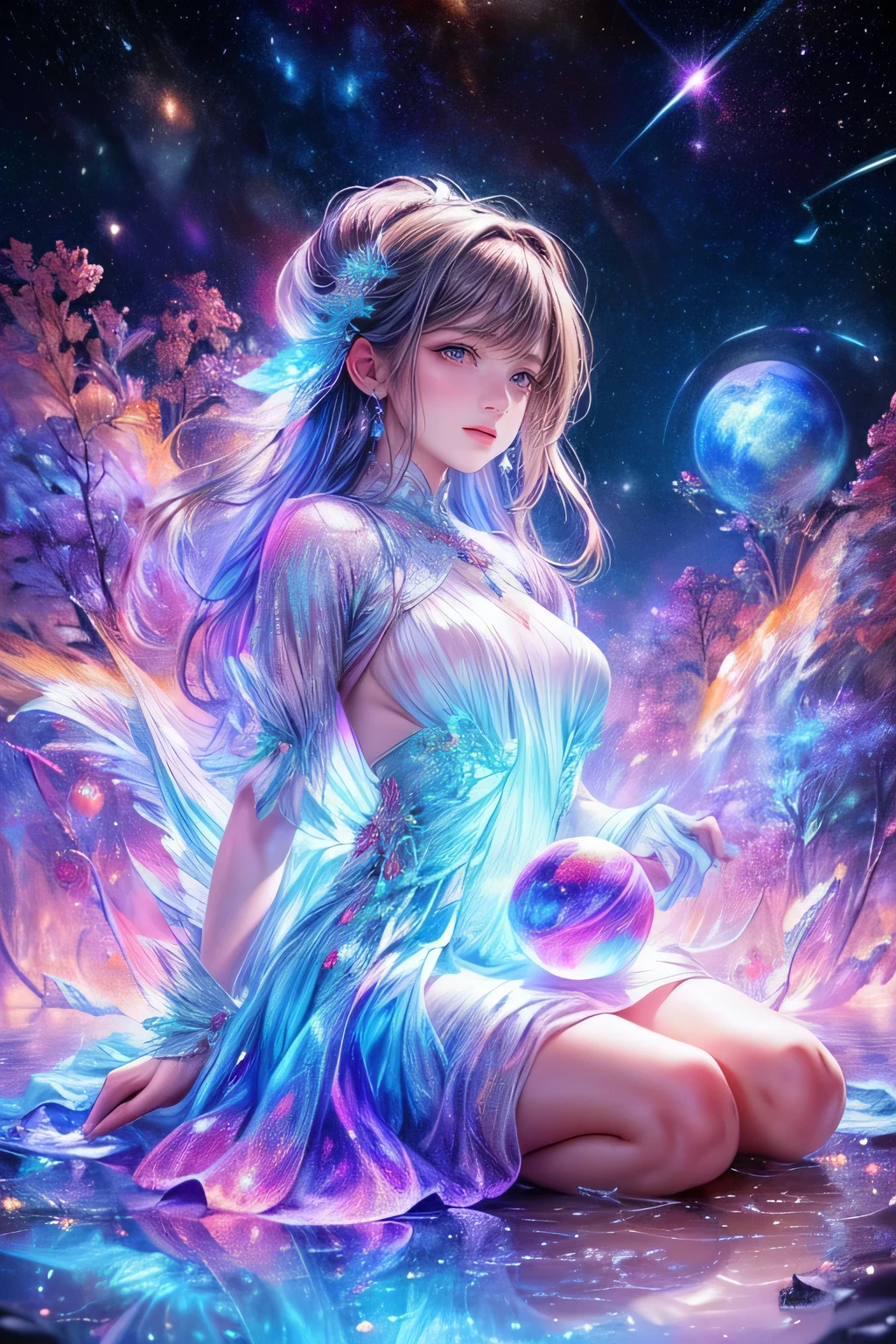 raw photo:1.2, masterpiece, highest quality, 16k, unbelievably absurd, very detailed, perfect beauty, (double exposure vibrant colors silhouette:1.3), (layered vibrant colors silhouette:1.2), (space world photo scenery), planets, galaxies, flowing sheer dress, flowy long hair, (lake:1.2), (realistic photo scenery), (nova), (gentle girl sitting,ballgown dress), 