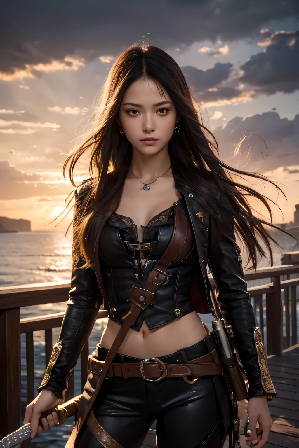 (Ultra quality:1.2), (Ultra detailed:1.2), (Ultra detailed clothes:1.2), (Ultra detailed face:1.2), (Ultra detailed eyes:1.2), (Ultra detailed body:1.2), (Ultra detailed weapons:1.2), young pirate girls, standing on the deck, torn clothes, different hair colors, sword fights, battlefield in the background, fire in the background, night, epic light, dramatic sky