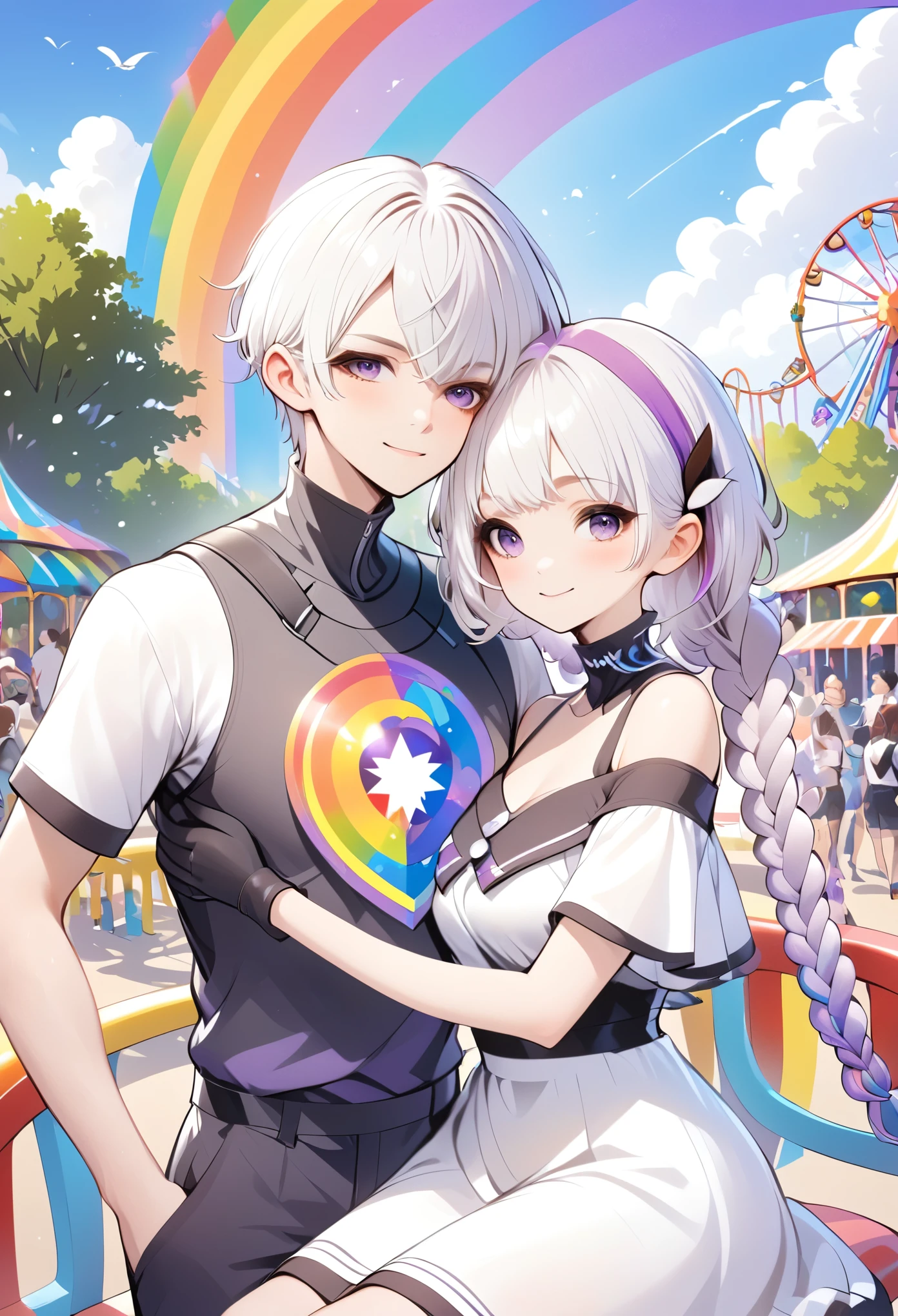 The right amount of art，Layered art：Happy couple，1 Boy-Short Hair。1 girl - white hair - purple double braids，High collar off-shoulder short sleeves，amusement park，Rainbow Colors