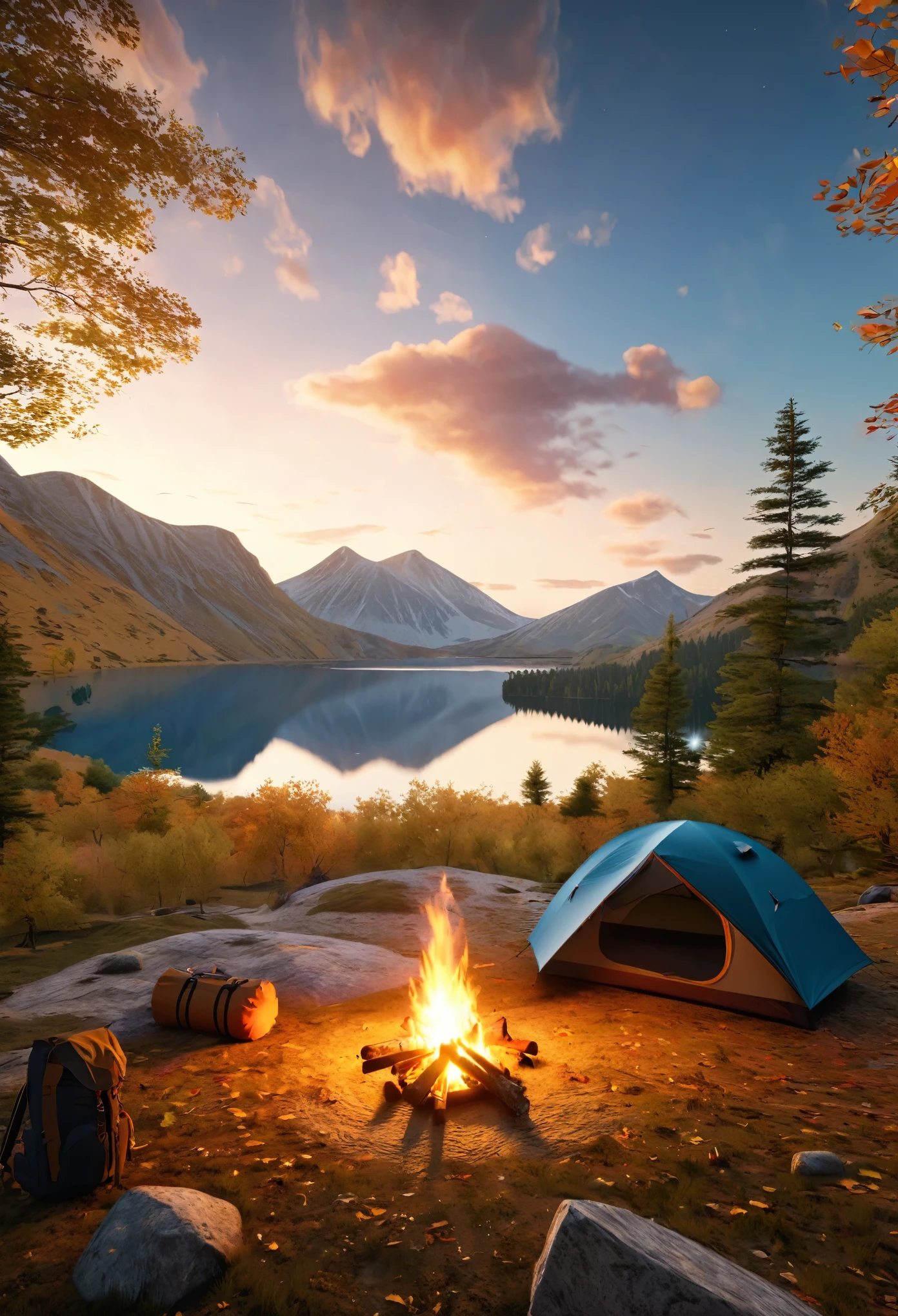 A serene outdoor camping scene, minimalist journey, detailed landscape, dramatic sky, golden hour lighting, detailed tent, campfire, hiking backpack, mountain silhouettes, tranquil lake, fallen leaves, cinematic composition, vivid colors, (best quality,4k,8k,highres,masterpiece:1.2),ultra-detailed,(realistic,photorealistic,photo-realistic:1.37)