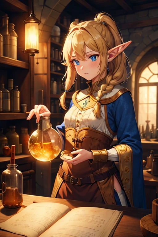 masterpiece, highest quality, Very detailed, 16k, Ultra-high resolution, Cowboy Shot, 1 Elf girl, Detailed face, Perfect Fingers, Elf Ears, Small breasts, blue eyes, blonde, Braiding, No sleeve, Light clothing, (renaissance_alchemist_studio:1.0), (flask:1.0), (Magic:1.2), Mixing chemicals