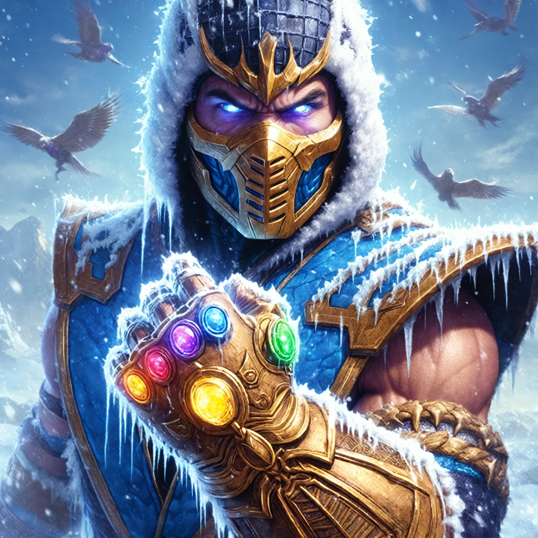 a close up of Sub-Zero from Mortal Kombat wearing the Infinity Gauntlet. Ultra High Res (Photo Realistic 1.4)
