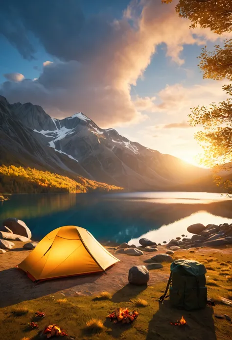 a serene outdoor camping scene, minimalist journey, detailed landscape, dramatic sky, golden hour lighting, detailed tent, campf...