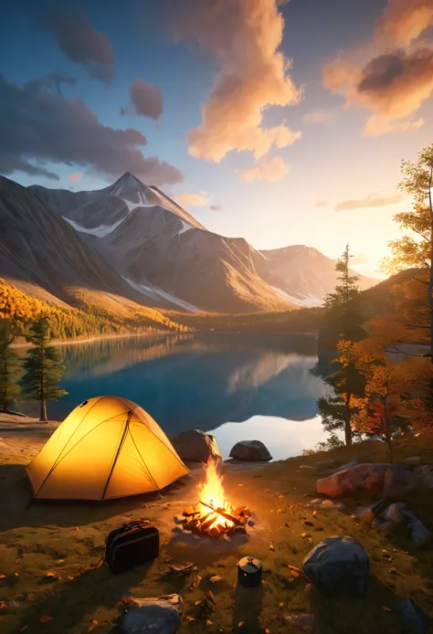 A serene outdoor camping scene, minimalist journey, detailed landscape, dramatic sky, golden hour lighting, detailed tent, campf...