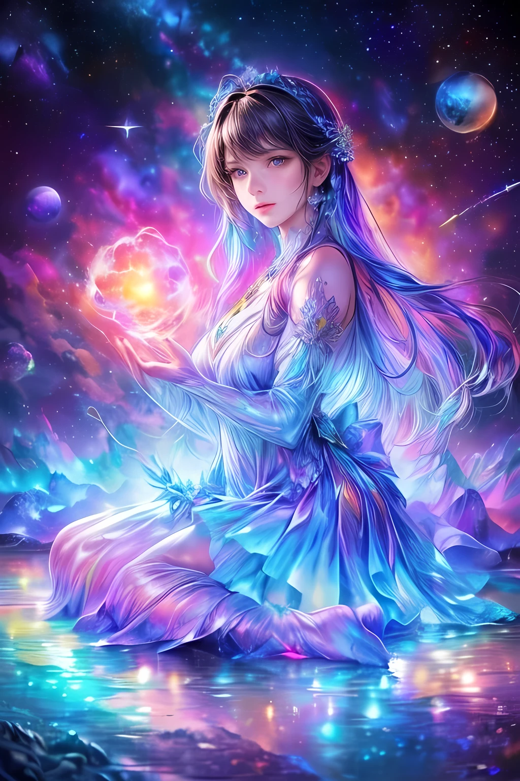 raw photo:1.2, masterpiece, highest quality, 16k, unbelievably absurd, very detailed, perfect beauty, (double exposure vibrant colors silhouette:1.3), (layered vibrant colors silhouette:1.2), (space world photo scenery), planets, galaxies, flowing dress, flowy long hair, (lake:1.2), (realistic photo scenery), (supernova explosion), (gentle girl sitting,ballgown dress), 