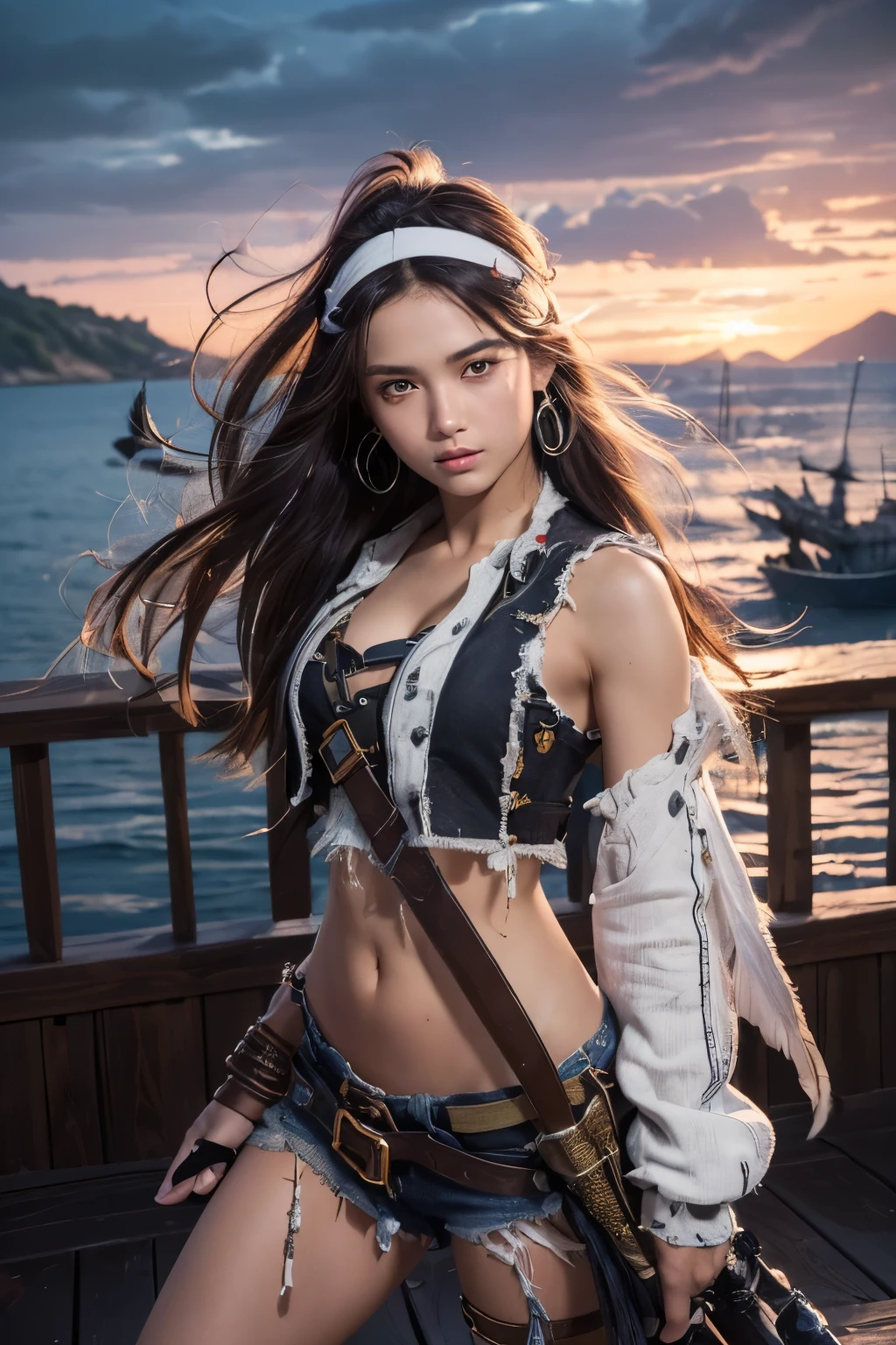 (Ultra quality:1.2), (Ultra detailed:1.2), (Ultra detailed clothes:1.2), (Ultra detailed face:1.2), (Ultra detailed eyes:1.2), (Ultra detailed body:1.2), (Ultra detailed weapons:1.2), young pirate girls, standing on the deck, torn clothes, using headband, accesories made with bird's feather,, different hair colors, pistol fights, battlefield in the background, fire in the background, night, epic light, dramatic sky