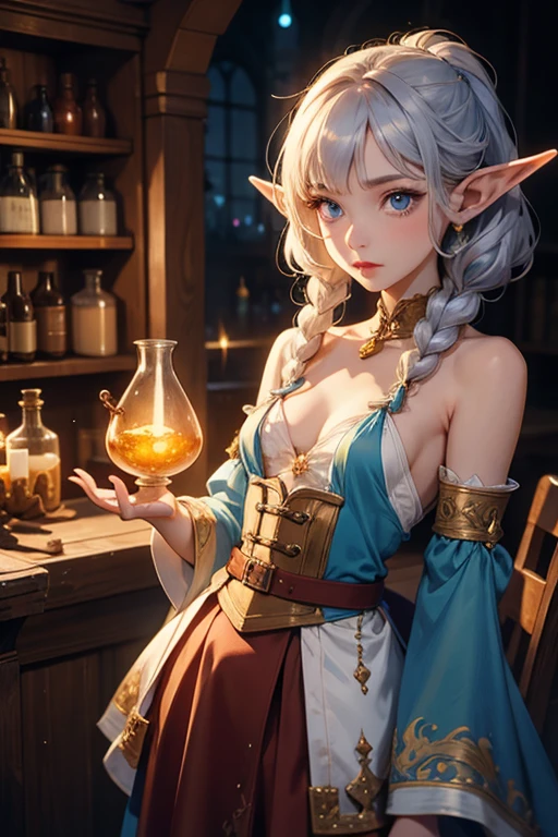 masterpiece, highest quality, Very detailed, 16k, Ultra-high resolution, Cowboy Shot, 1 Elf girl, Detailed face, Perfect Fingers, Elf Ears, Small breasts, blue eyes, Silver Hair, Braiding, No sleeve, Light clothing, (renaissance_alchemist_studio:1.0), (flask:1.0), (Magic:1.2), Mixing chemicals