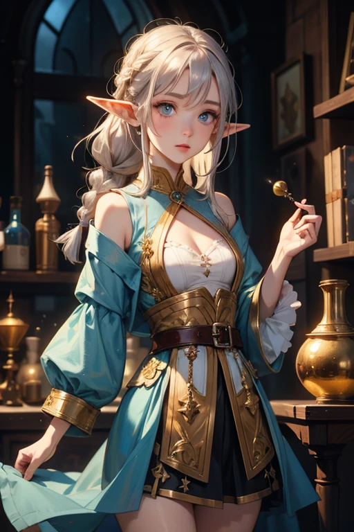 masterpiece, highest quality, Very detailed, 16k, Ultra-high resolution, Cowboy Shot, 1 Elf girl, Detailed face, Perfect Fingers, Elf Ears, Small breasts, blue eyes, Silver Hair, Braiding, No sleeve, Light clothing, (renaissance_alchemist_studio:1.0), (flask:1.0), (Magic:1.2), Mixing chemicals
