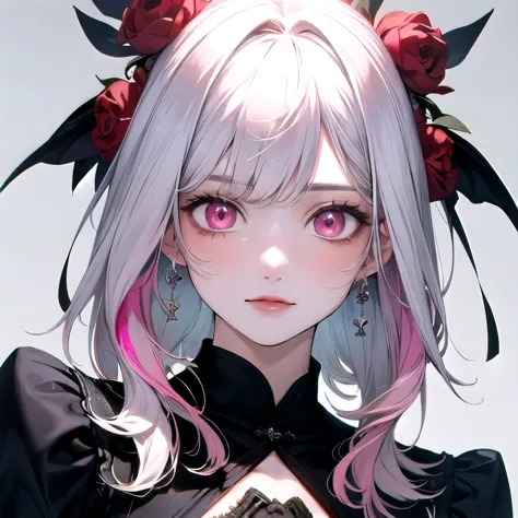 ((best quality)), ((masterpiece)), (detailed), perfect face. Asian girl. White hair. Pink eyes. Inner pink hair. Glowing eyes.
