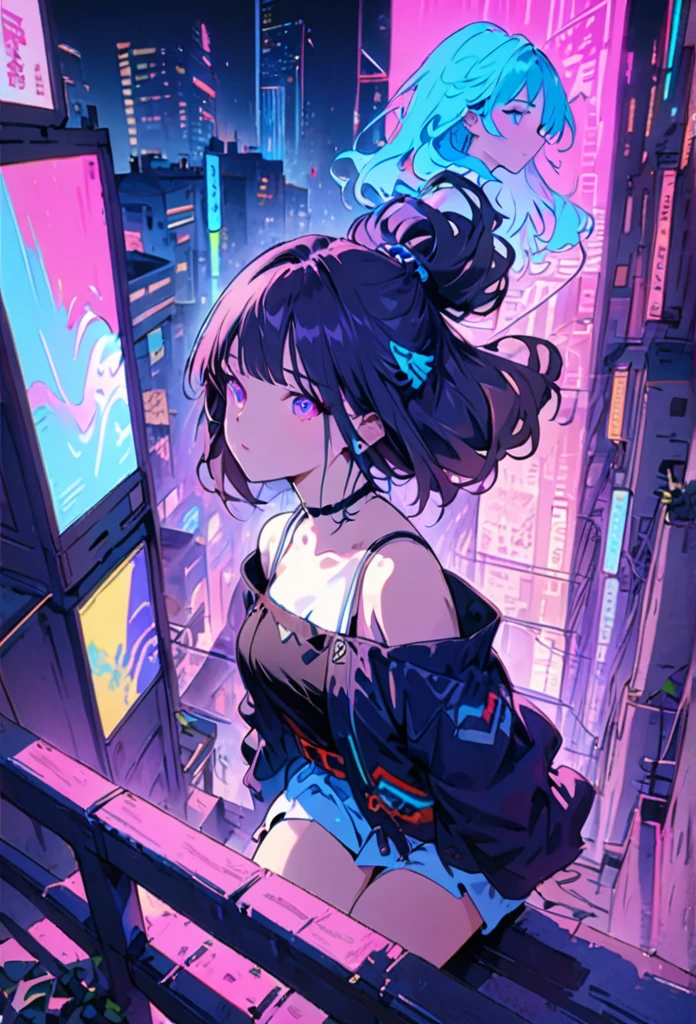 masterpiece,best quality,1 synth wave style girl,blue outline,streets with neon lights,blue fluorescent coatings,solo,from above,cowboy shot,sitting on the top of the building,extremely detailed CG,flat color,limited palette,noline art,silhouette,partially colored,alternate color,dynamic angle,blue long upper shan,dark violet shadow,synth wave,chromatic aberration,(solo focus),perfect shadow,wearing an off- shoulder floating jacket,delicate face,bare shoulder,beautiful and delicate eyes,delicate background,blue neon light,