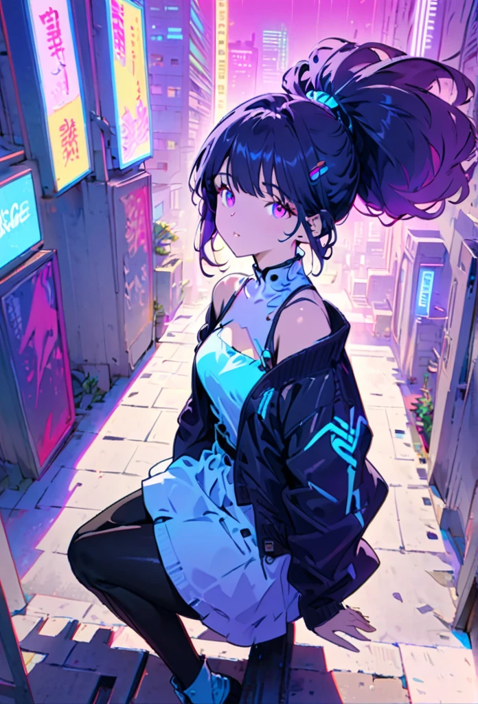 masterpiece,best quality,1 synth wave style girl,blue outline,streets with neon lights,blue fluorescent coatings,solo,from above,cowboy shot,sitting on the top of the building,extremely detailed CG,flat color,limited palette,noline art,silhouette,partially colored,alternate color,dynamic angle,blue long upper shan,dark violet shadow,synth wave,chromatic aberration,(solo focus),perfect shadow,wearing an off- shoulder floating jacket,delicate face,bare shoulder,beautiful and delicate eyes,delicate background,blue neon light,