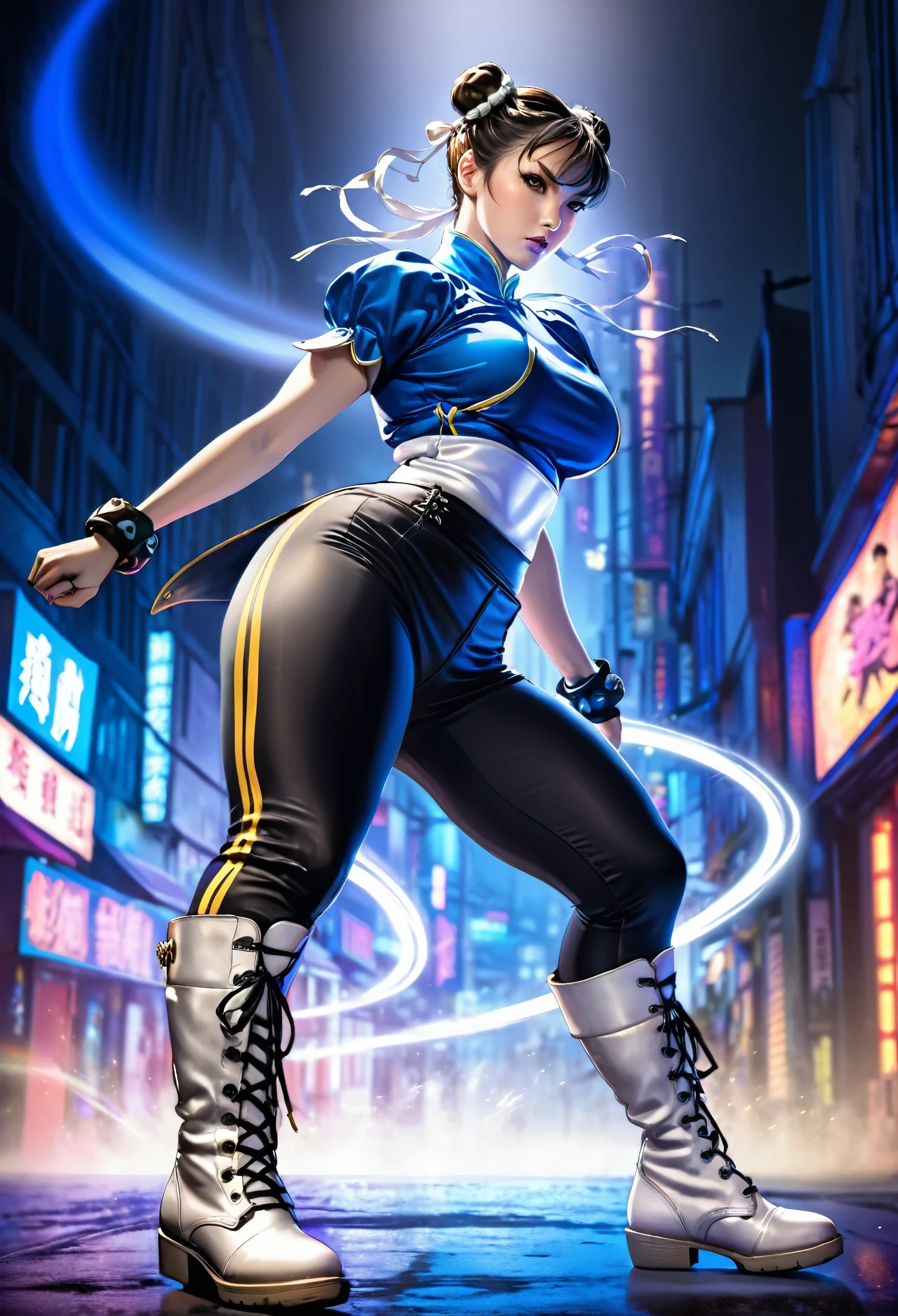 une femme Chun-Li en position de combat, prêt pour la bataille, scène de nuit, éclairage chaleureux, néons, ombres, superbe œuvre d&#39;art, pantalon moulant noir délavé, bottes blanches jusqu&#39;aux genoux avec des lacets noués jusqu&#39;en haut.