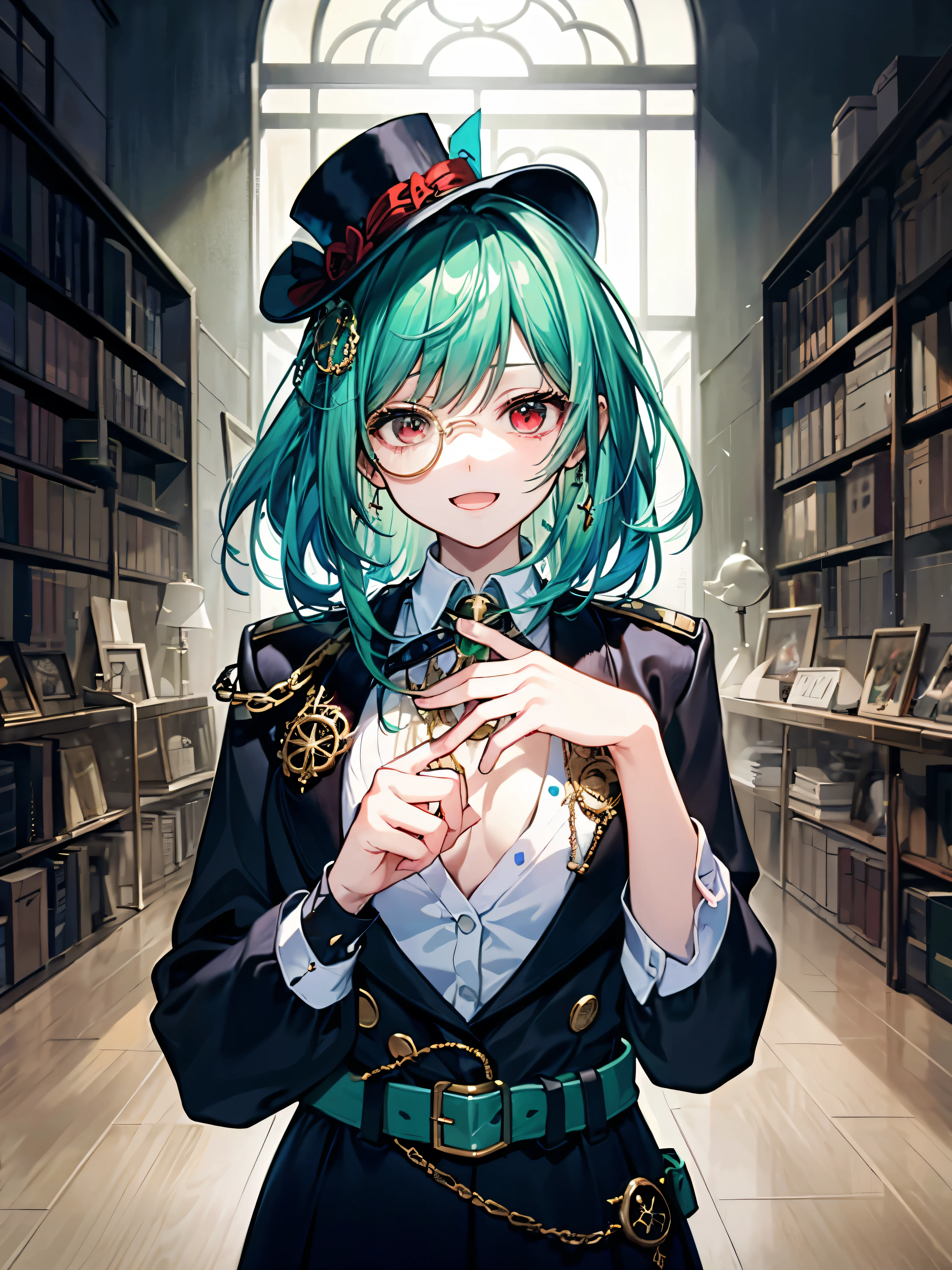 （（（masterpiece、Highest quality、highest quality、Highly detailed Unity 8ｋwallpaper、High resolution illustrations）））、（（Illustration of a girl alone、crossdressing、upper body））、（（（beautiful girl）））、（Emerald green hair、messy hair、sidelocks、Red Eyes、crazy eyes、crazy smile）、（（（flat chest）））、（（（monocle）））、Pocket watch、（（（Black Top Hat、Black suit、White shirt、belt）））、Huge medieval libraries、A large number of books、Dimly lit room