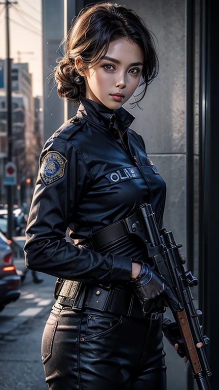 Female police officer、Beautiful woman in police uniform、1 girl、(Delicate face、Detailed eyes and face、double eyelid)、Glossy lips、Dark brown updo、(Female police officerのコスプレ)、Highly detailed costume、(Carrying a handgun)、Mature adult woman、Slim Waist、Sharp long legs、(8K,highest quality, masterpiece、Ultra-high resolution)、Full body portrait, High-definition skin texture、Modern architecture in the landscape、Realistic、Official Art