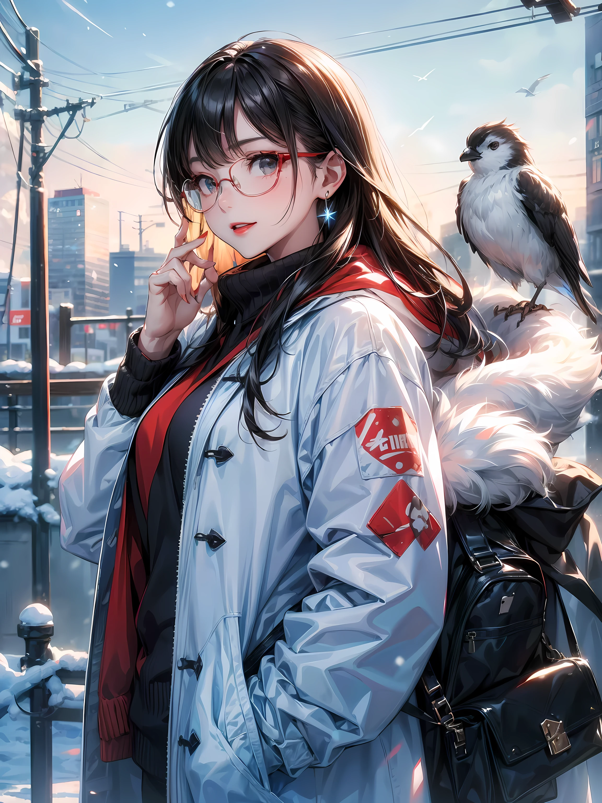 同じ,, 女の子1人, 動物, 動物 on shoulder, 鳥, 黒縁眼鏡, 黒目, 黒髪, blue 空, 街の景色, clear 空, コート, 空, イヤリング, メガネを掛ける, メガネを外した, fur コート, ジャケット, ジュエリー, 長い髪, 横を向いて, 屋外, 電力線, 赤い唇, 空, 笑顔, 雪, 孤独な, サングラス, white 鳥, white コート, 冬空, 冬空 clothes, , ((傑作))