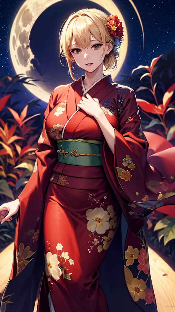 masterpiece, high quality, 4K, Beautiful design, silhouette，blonde， 非常に詳細な夜のStarry Sky,Flower Field， wonderful, Finer details,  Very knowledgeable woman, Highly detailed solo, 1 female,Big Breasts，Red colored kimono，Night view，Starry Sky，full moon，