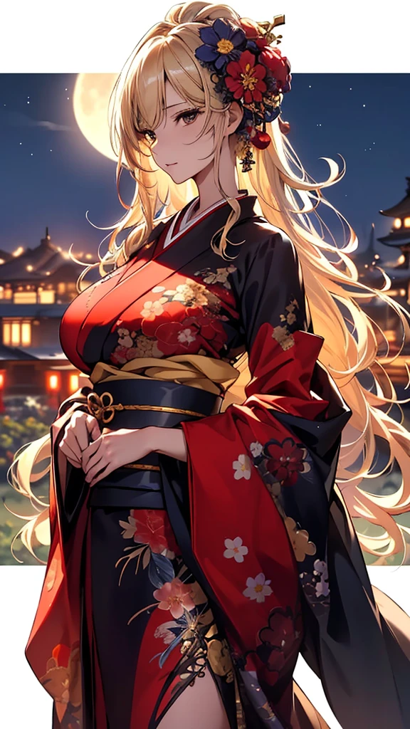 masterpiece, high quality, 4K, Beautiful design, silhouette，blonde， 非常に詳細な夜のStarry Sky,Flower Field， wonderful, Finer details,  Very knowledgeable woman, Highly detailed solo, 1 female,Big Breasts，Red colored kimono，Night view，Starry Sky，full moon，