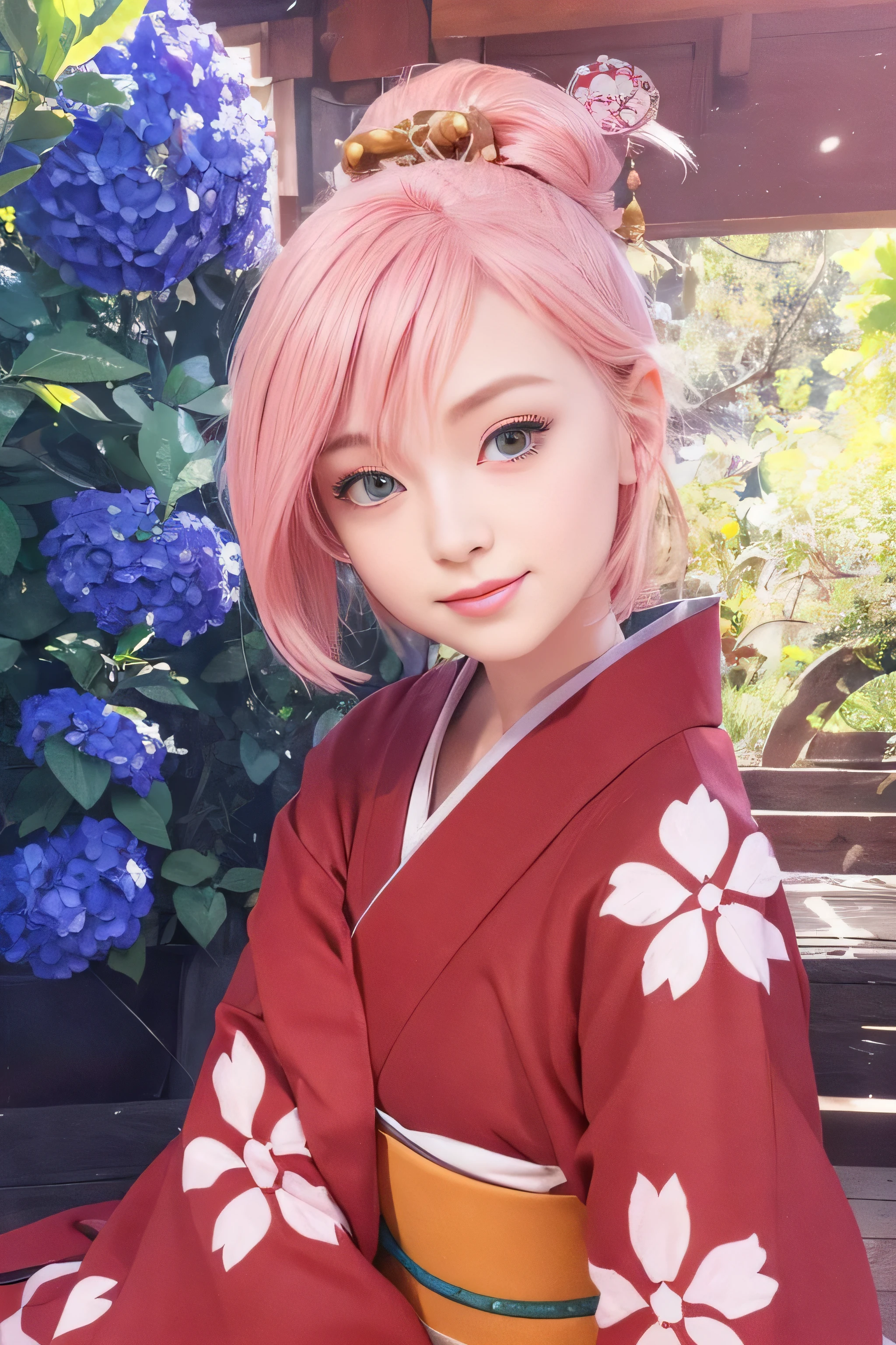 masterpiece, best quality, (realistic,photo-realistic:1.4), (RAW photo:1.2), extremely detailed CG unity 8k wallpaper, delicate and beautiful, amazing,finely detail, official art, absurdres, incredibly absurdres, huge filesize, ultra-detailed,extremely detailed eyes and face,light on face,(little smile)sakura haruno,(pink hair hair:1.4),(short hair:1.4),(wearing kimono:1.4),nature,garden,flower