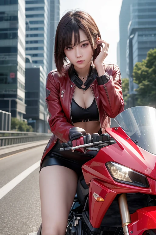 Digital Cyberpunk Art、highest quality、Ultra high quality CG Unity 8K wallpaper、A beautiful teenage girl riding a red 1000cc motorbike、CBR1000、One Japanese woman、Medium chest、Brown short hair、Wear a red riding suit, Driving along the highways of Megalopolis、Pull angle