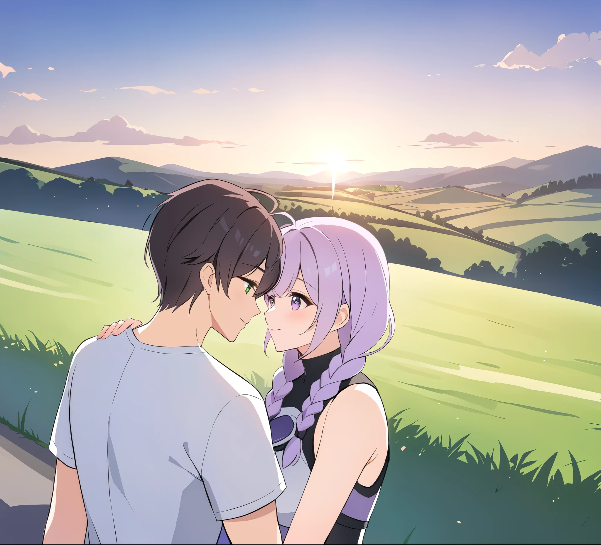 A couple(1 male, 1 woman with purple and white gradient double braids),Meet on a country road,Face to Face,Four eyes facing each other,Sunshine,The background is green fields and hills in the distance,Warmth,romantic,happiness