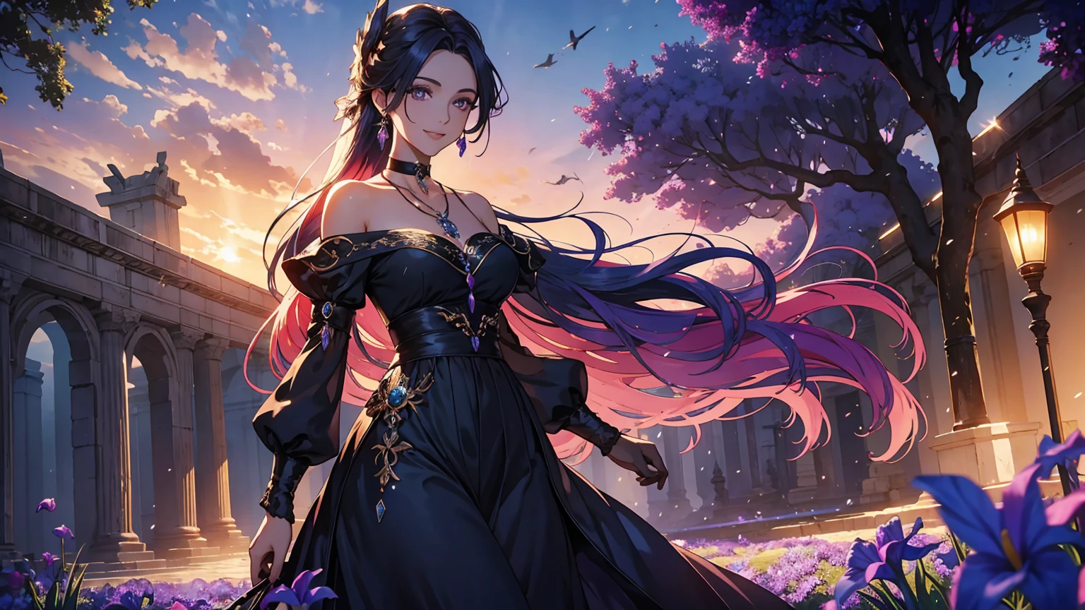 Arte de anime Genshin Impact: Woman in a setting of ancient ruins and a giant tree in the background and sunset. Romantic Era. Deep and dramatic atmosphere, mesclando fantasia e realidade. She is adorned with necklace and choker. clear and sharp eyes: irises with vibrant and detailed colors, pupilas bem definidas, brilho natural refletindo a luz, clear and distinct iris edges, long, well-shaped eyelashes, sobrancelhas bem cuidadas, linhas finas ao redor dos olhos. flowing hair. Olhar meigo e provocante, sorriso encantador. playful expression, maquiagem estilosa, longos cabelos loiros fluindo ao vento, olhos sedutores, Glossy lips, pose sexy, sorrindo de forma confiante e sedutora. Postura ousada e determinada, dynamic pose, encarando diretamente o espectador. posing for a professional photo shoot. very high quality image, com detalhes ultra-detalhados e realistas. Vibrant colors and ethereal lighting. Paisagens imaginativas, horizonte expansivo, dramatic lighting. Cores brilhantes e vibrantes, studio lighting, profundidade de campo rasa, destacando o assunto principal, soft natural lighting, Creating a dreamlike and magical atmosphere. Beleza da natureza.